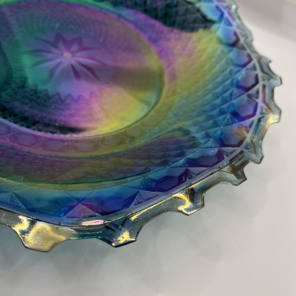 Vintage Indiana Glass Blue Iridescent Carnival Diamond Cut Ruffled Plate 10" - Picture 2 of 7